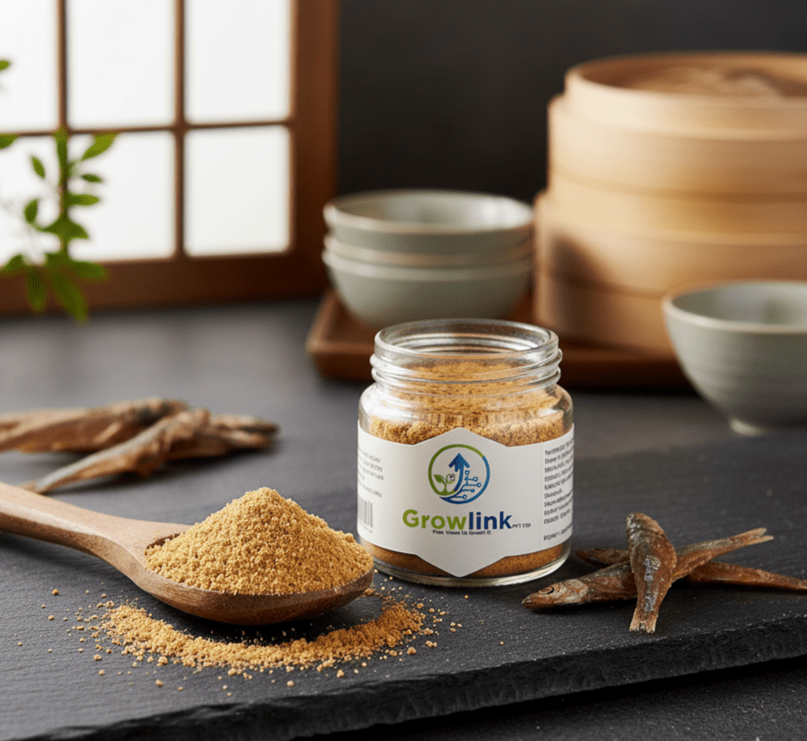 Close up of light brown, high-protein fish powder